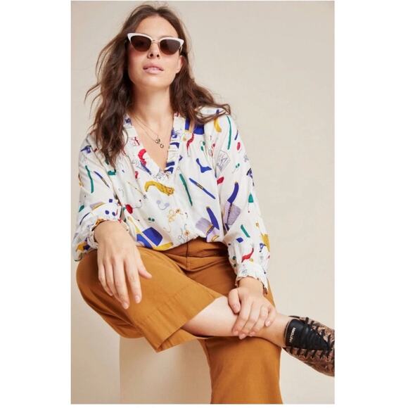 Anthropologie Maeve Marisol Ruffled Blouse Size 2 Winter Ski Print Button Front - Picture 2 of 6